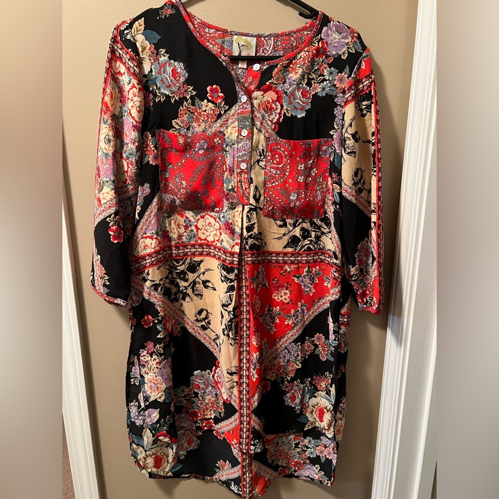 fig and flower Black and Red Floral Boho Patchwork Tunic Dress